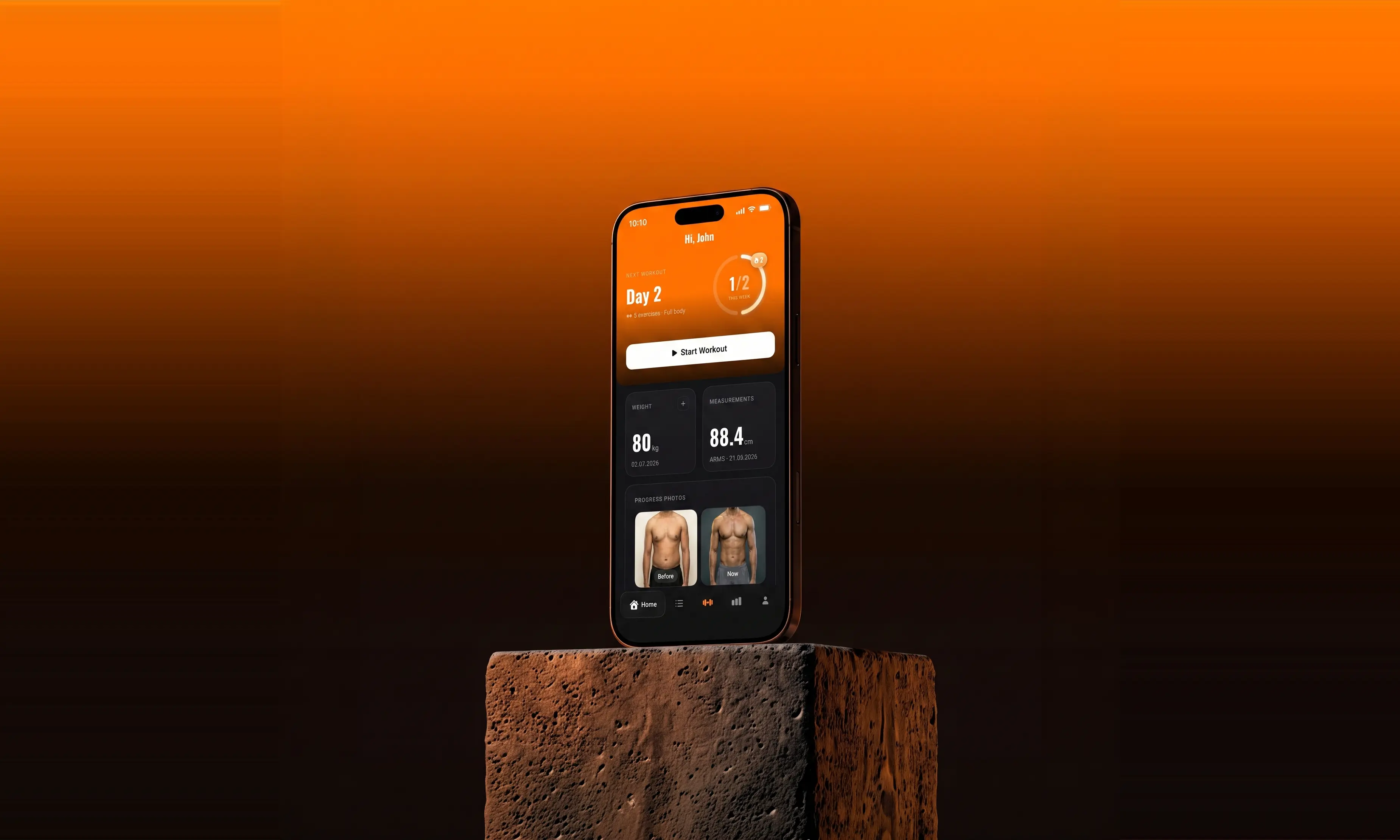 Simple Gym telefonā: sākuma ekrāns ar nākamo treniņu, svaru un progresa foto